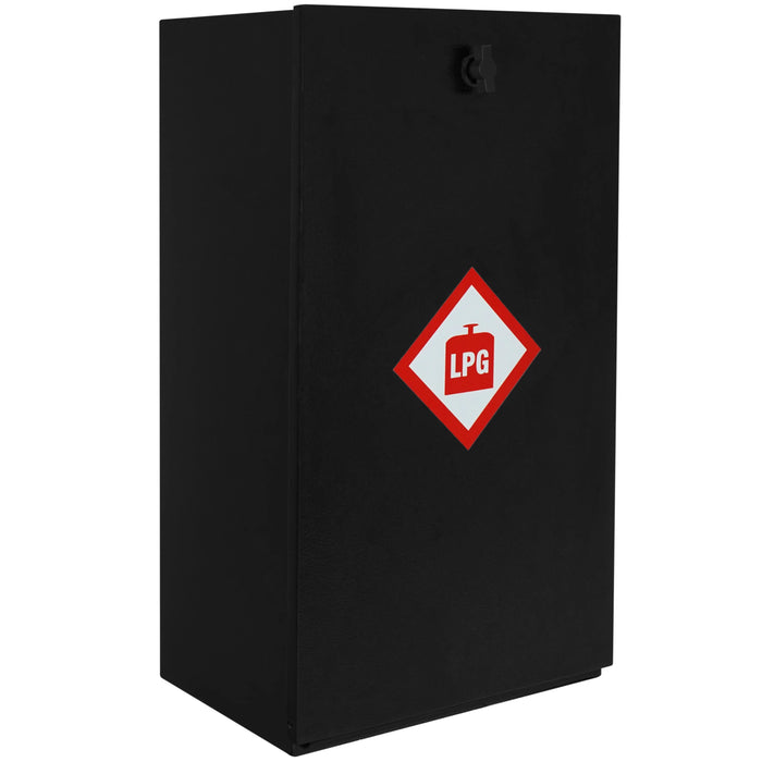 Black LPG gas cylinder storage cabinet with a prominent red and white warning label, featuring a sturdy metal construction and secure lock