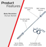 Body Revolution 4ft barbell bar made of solid chrome steel, featuring a knurled handle and 360° rotating sleeves, supports up to 250kg