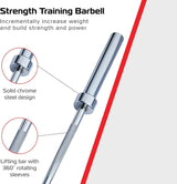 Chrome steel 4ft barbell with textured grip and rotating sleeves, designed for strength training and power building workouts