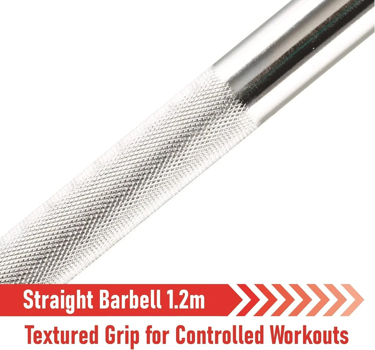 Straight barbell bar, 1.2m length, featuring a textured grip for enhanced control during workouts and durable spinlock collars
