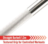 Straight barbell bar, 1.2m length, featuring a textured grip for enhanced control during workouts and durable spinlock collars