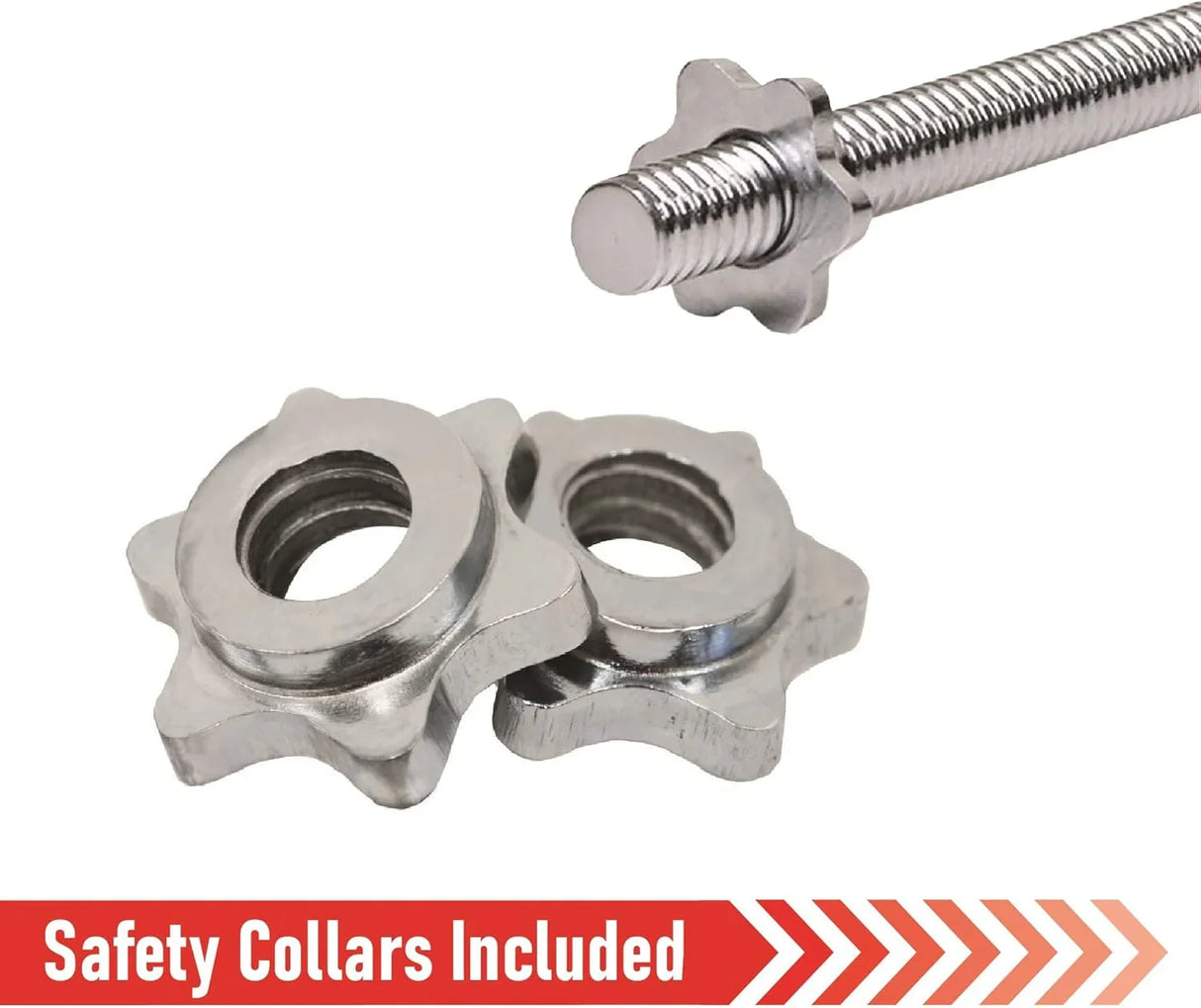 Straight barbell bar with spinlock, featuring metallic safety collars, showcasing a durable design for secure weightlifting