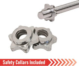 Straight barbell bar with spinlock, featuring metallic safety collars, showcasing a durable design for secure weightlifting