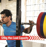 Straight barbell bar with spinlock, 1.2m length, featuring colorful weight plates and a sturdy grip for secure lifting