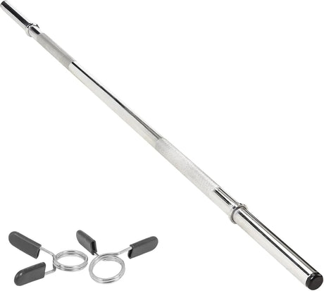 Straight barbell bar, 1" standard, 1.2m length, featuring a shiny chrome finish, knurled grip, and included springlock clips for secure weight plates
