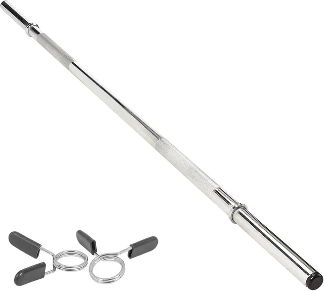 Straight barbell bar, 1" standard, 1.2m length, featuring a shiny chrome finish, knurled grip, and included springlock clips for secure weight plates