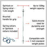 Straight barbell bar, 1.2m length, chrome steel, knurled grip, includes springlock collars, supports up to 120kg weight capacity