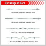 Straight barbell bar, 1" standard, 1.2m length, featuring a shiny chrome finish and springlock collars for secure weight attachment