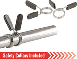 Straight barbell bar with a shiny chrome finish, featuring springlock safety collars for secure weight lifting and exercise stability