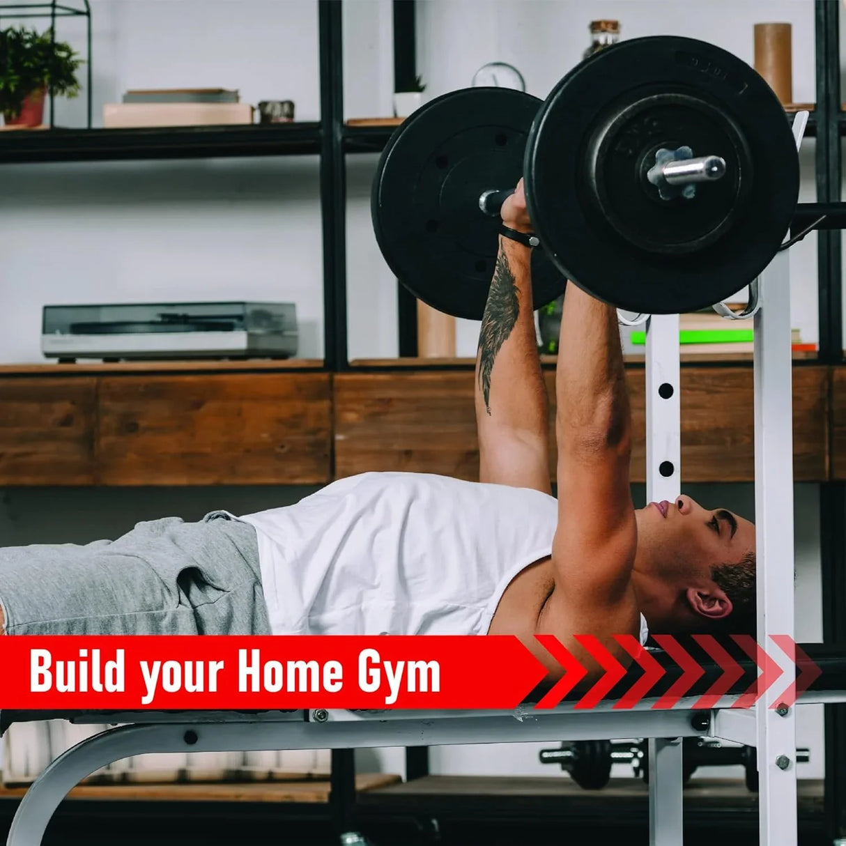 Straight barbell bar with springlock, 1" standard, 1.2m length, shown in use on a weight bench in a modern home gym setting
