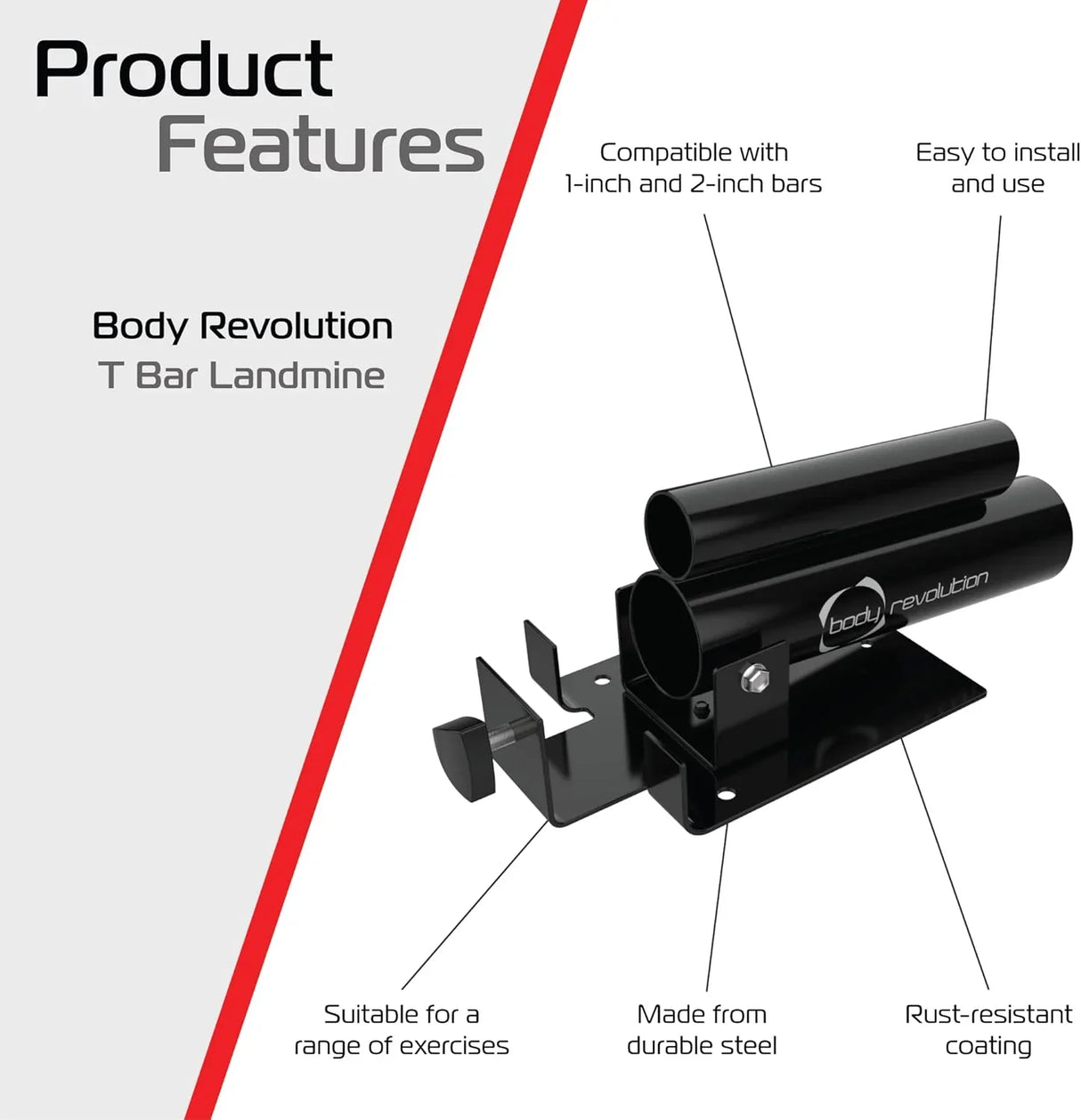 Durable black steel T-Bar landmine attachment for 1-inch and 2-inch bars, designed for versatile exercise options and easy installation