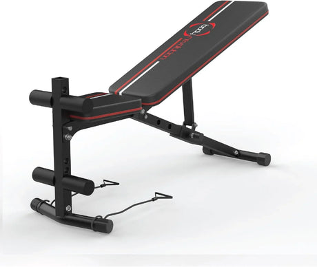 Adjustable weight bench with a sleek black and red design, sturdy metal frame, and textured surface for enhanced grip and comfort