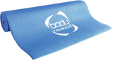 Blue yoga mat with a textured surface, rolled out, featuring a logo, ideal for fitness and exercise routines