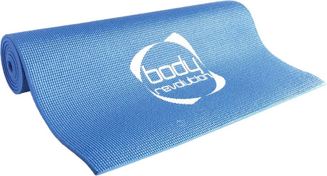 Blue yoga mat with a textured surface, rolled out, featuring a logo, ideal for fitness and exercise routines