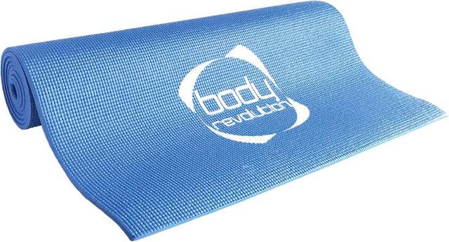 Blue yoga mat with a textured surface, rolled out, featuring a logo, ideal for fitness and exercise routines