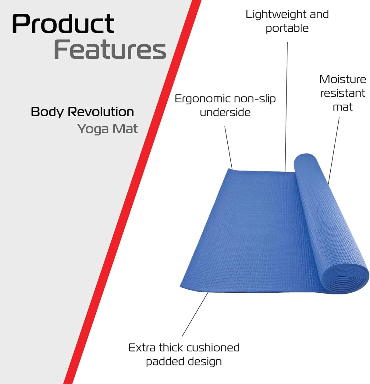 Lightweight blue yoga mat with a textured, non-slip underside, featuring extra thick cushioning for comfort during workouts