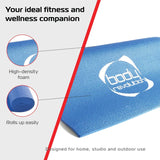 High-density blue yoga mat with textured surface, rolls up easily for storage, ideal for home, studio, and outdoor use