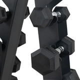 Hexagonal black dumbbells arranged on a sturdy six-tier rack, featuring a sleek matte finish and durable metal construction