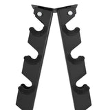 Black metal dumbbell weight rack with six tiers, featuring curved holders for secure storage and a sturdy, modern design