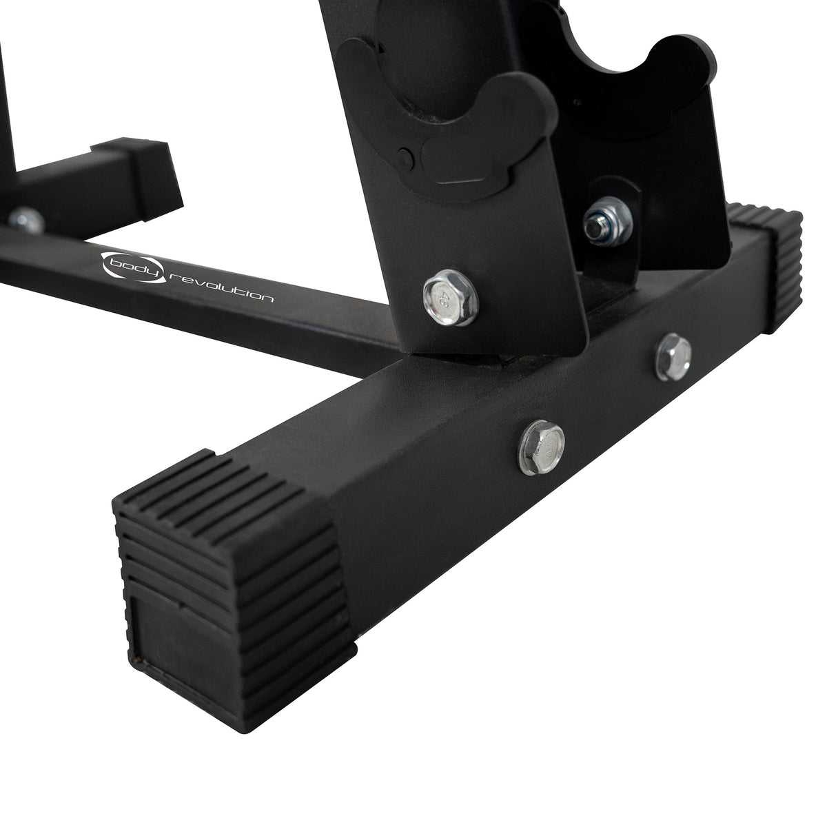 Sturdy black metal base of a dumbbell weight rack, featuring rubber feet for stability and visible bolts for secure assembly