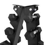 Sturdy black metal dumbbell rack with six tiers, featuring hexagonal weights securely held in place for easy access and organization