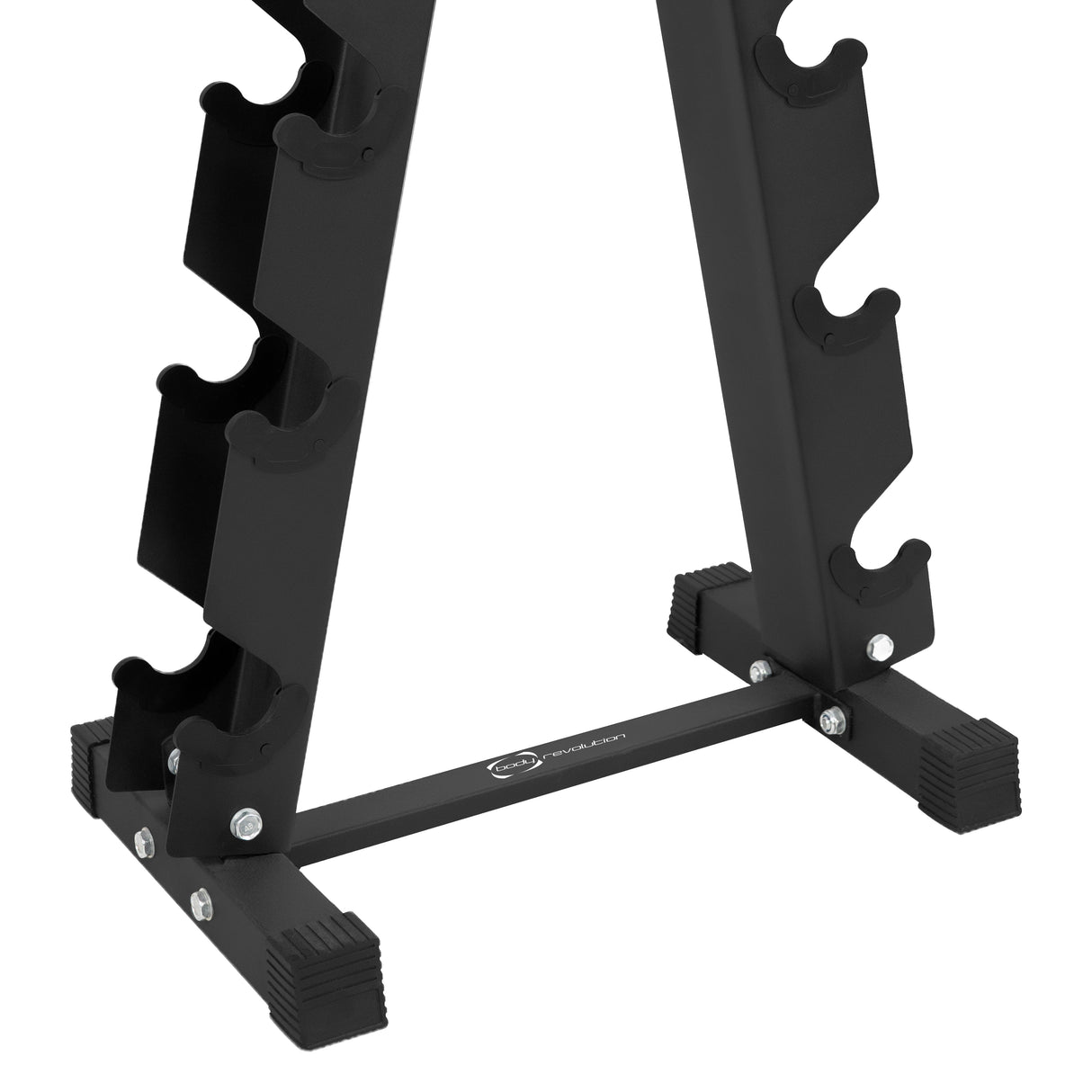 Black metal dumbbell weight rack with six tiers, featuring sturdy rubber feet for stability and a sleek, modern design