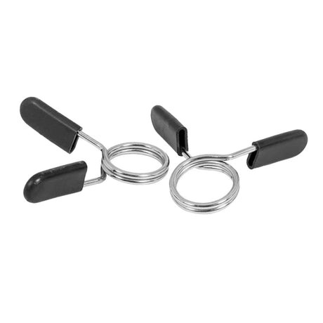 Durable 2-inch spring collar set featuring metal construction with black rubber grips for secure weightlifting and easy handling