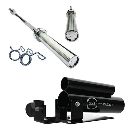 Body Revolution 4ft barbell bar and T-bar row bundle featuring a sleek silver finish, sturdy construction, and essential attachments for versatile workouts