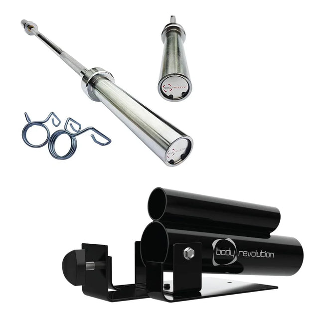 Body Revolution 4ft barbell bar and T-bar row bundle featuring a sleek silver finish, sturdy construction, and essential attachments for versatile workouts