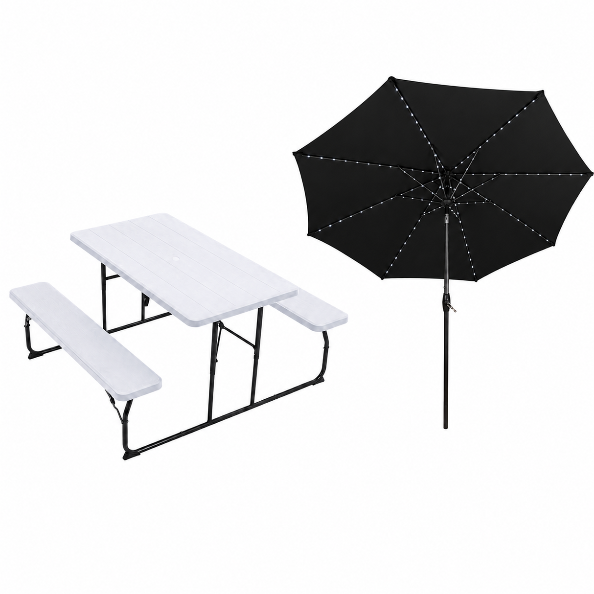 White Foldable Picnic Table + Black 2.7m LED Parasol Bundle