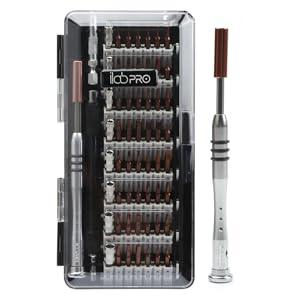 90-piece precision screwdriver set in a clear case, featuring various sizes and types of screwdrivers with a sleek metallic handle