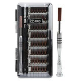 90-piece precision screwdriver set in a clear case, featuring various sizes and types of screwdrivers with a sleek metallic handle