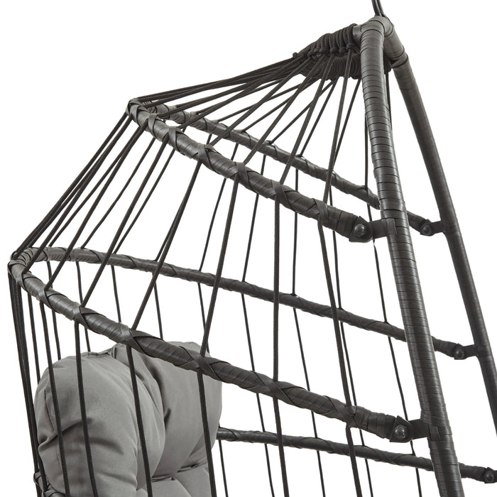 Stylish black hanging chair with a modern design, featuring a woven frame and comfortable gray cushion for relaxation
