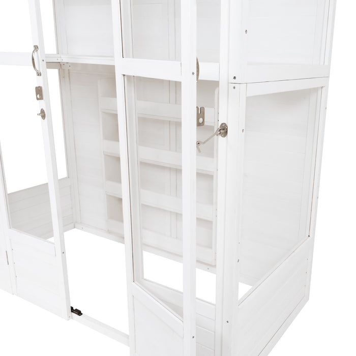 Stylish white wooden display cabinet featuring glass doors, multiple shelves, and a sleek, modern design for showcasing items
