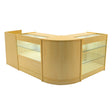 Vega LED Shop Counter Set in maple finish features a sleek, modern design with glass display shelves and rounded edges