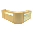 Polaris LED Shop Counter Set in maple finish, featuring sleek glass display sections and a modern L-shaped design for retail spaces