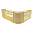 Vega LED Shop Counter Set in maple finish features sleek glass display areas, curved edges, and modern design for retail spaces