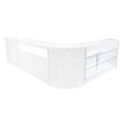 Polaris LED Shop Counter Set in white features sleek design, glass display shelves, and a modern, curved shape for retail spaces