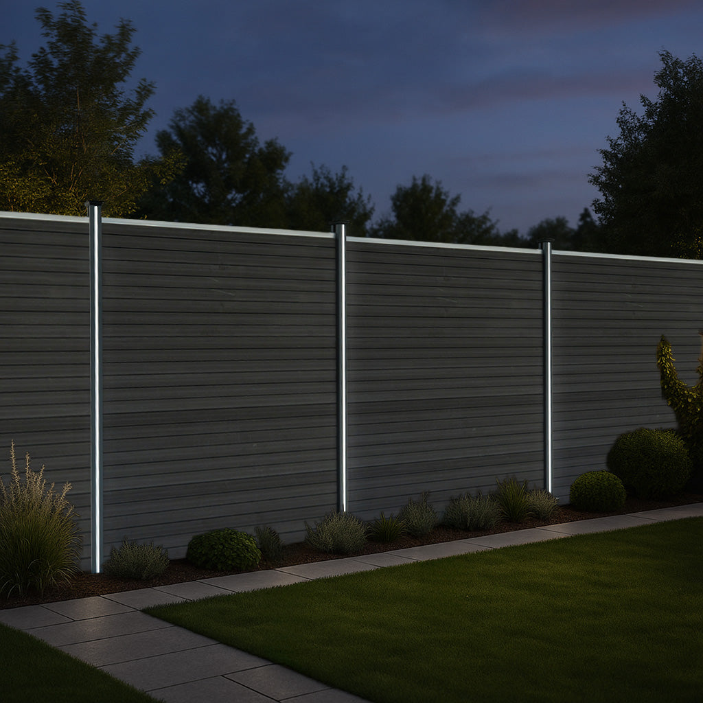 Composite Fence Panels x 6, Angled Piece & LED Posts x 7 - Grey