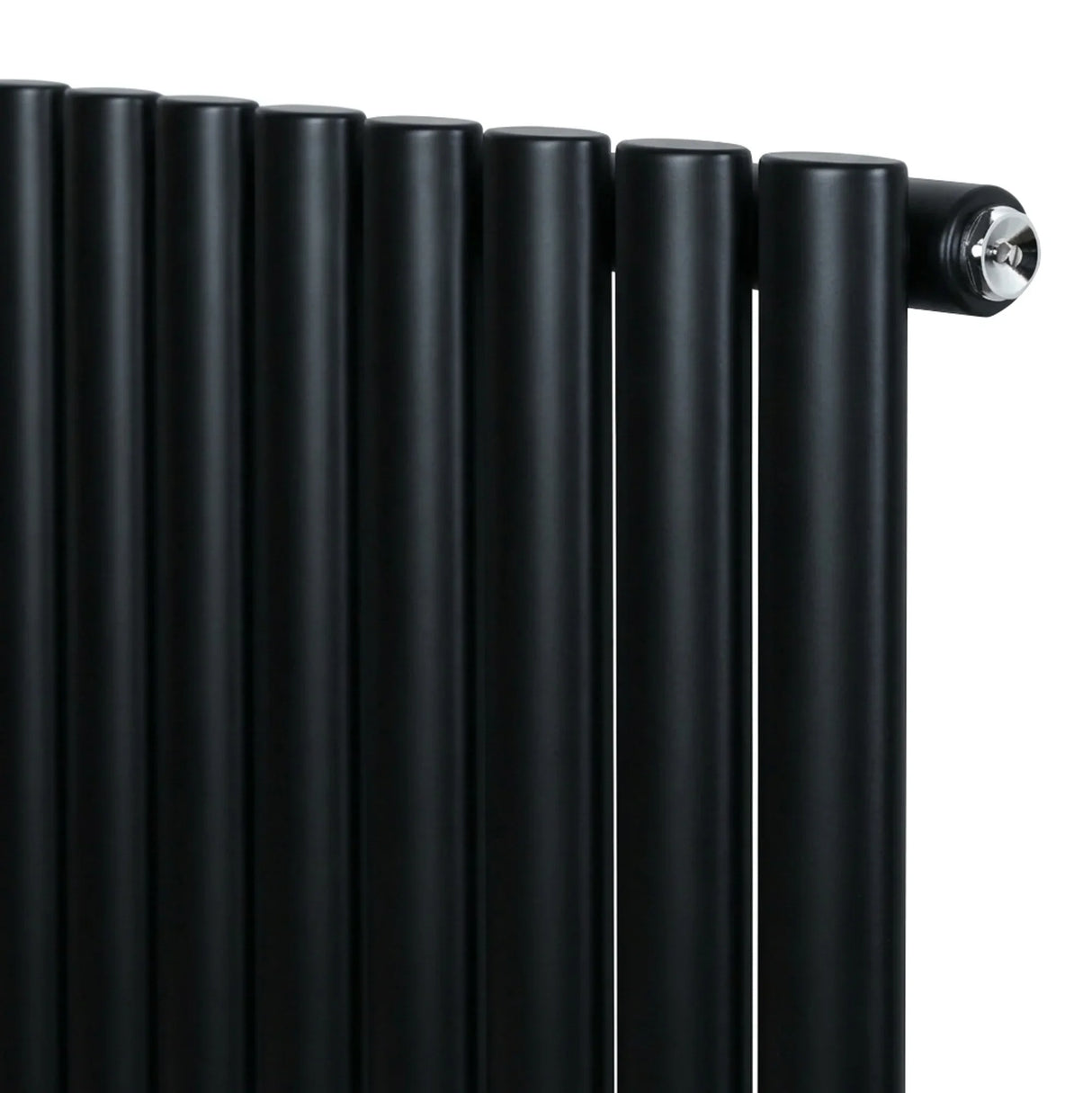 Sleek black oval single column radiator with smooth, rounded tubes and a polished valve, measuring 600mm x 600mm