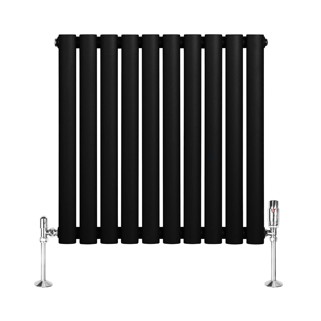 Sleek black oval single column radiator with vertical bars and chrome valves, designed for modern heating solutions in any space