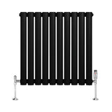 Sleek black oval single column radiator with vertical bars and chrome valves, designed for modern heating solutions in any space