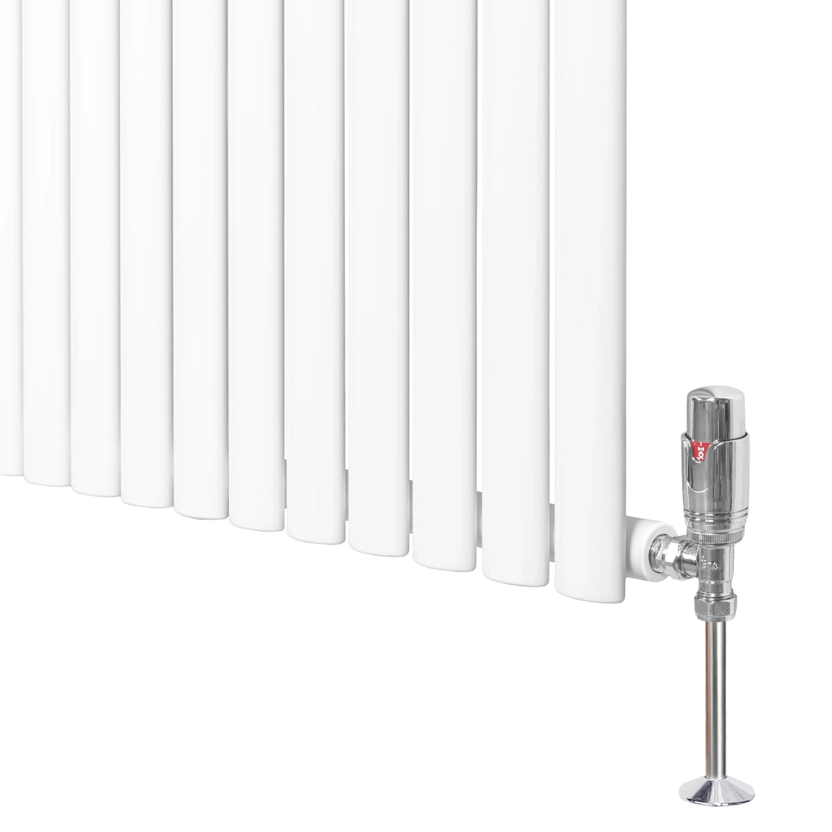 White oval single column radiator with sleek vertical bars and chrome valve, designed for efficient heating in compact spaces