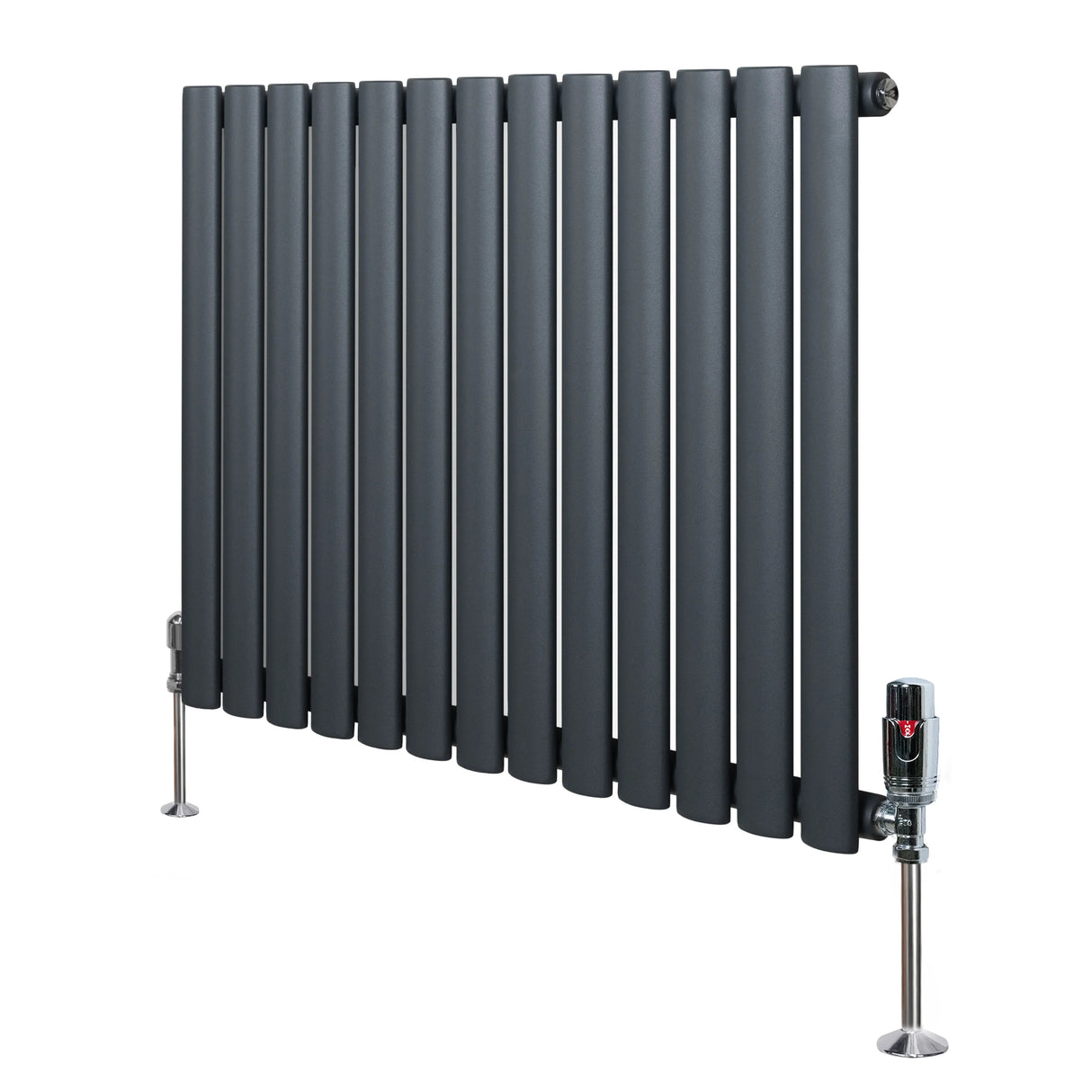 Oval single column radiator in anthracite grey, featuring sleek vertical tubes and stylish valves, ideal for modern interiors