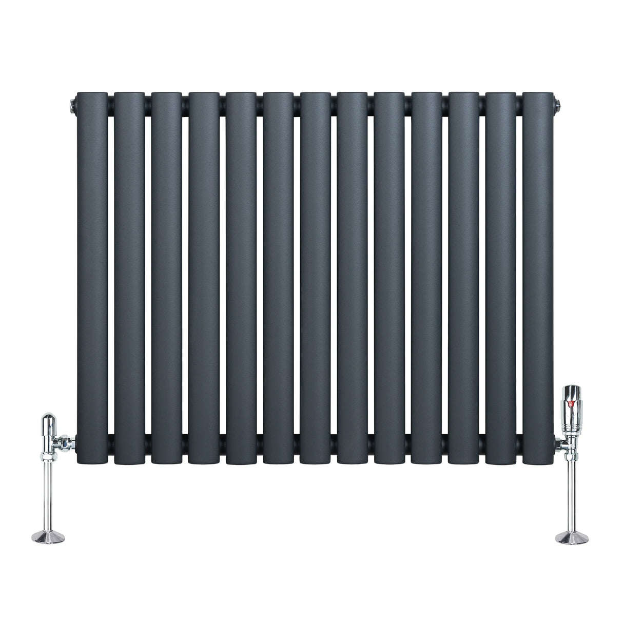 Oval single column radiator in anthracite grey, featuring vertical bars and chrome valves, ideal for modern heating solutions