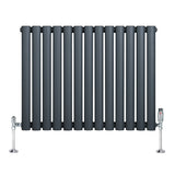Oval single column radiator in anthracite grey, featuring vertical bars and chrome valves, ideal for modern heating solutions