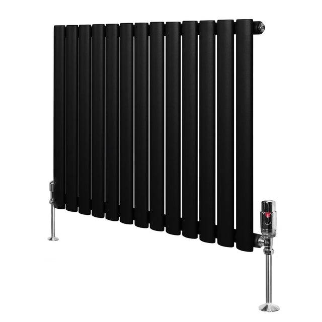 Sleek black oval single column radiator with polished chrome valves, measuring 600mm x 780mm, ideal for modern interiors