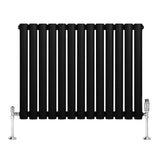 Sleek black oval single column radiator with polished chrome valves, featuring a modern design and smooth matte finish, 600mm x 780mm
