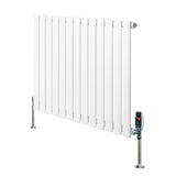 Oval single column radiator in white, measuring 600mm x 780mm, featuring sleek vertical panels and stylish valves for modern heating solutions