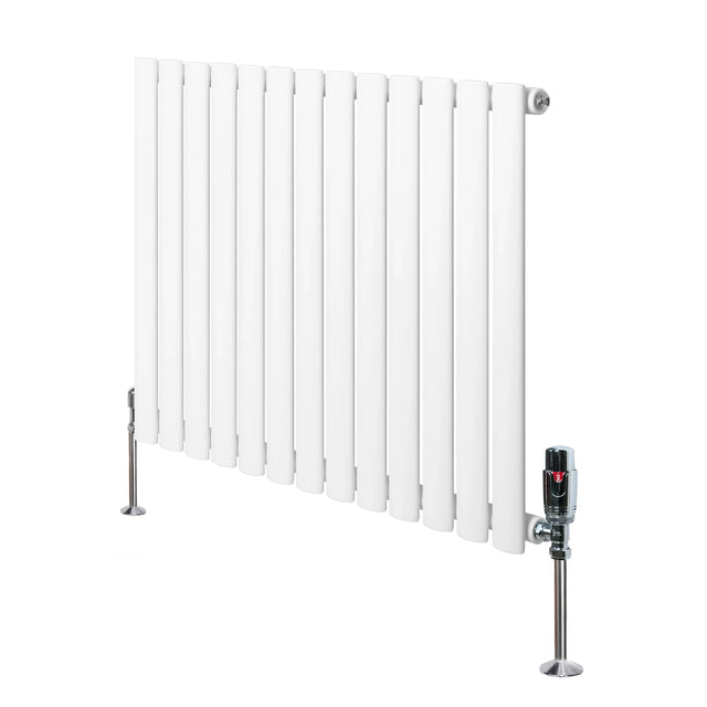 Oval single column radiator in white, measuring 600mm x 780mm, featuring sleek vertical panels and stylish valves for modern heating solutions